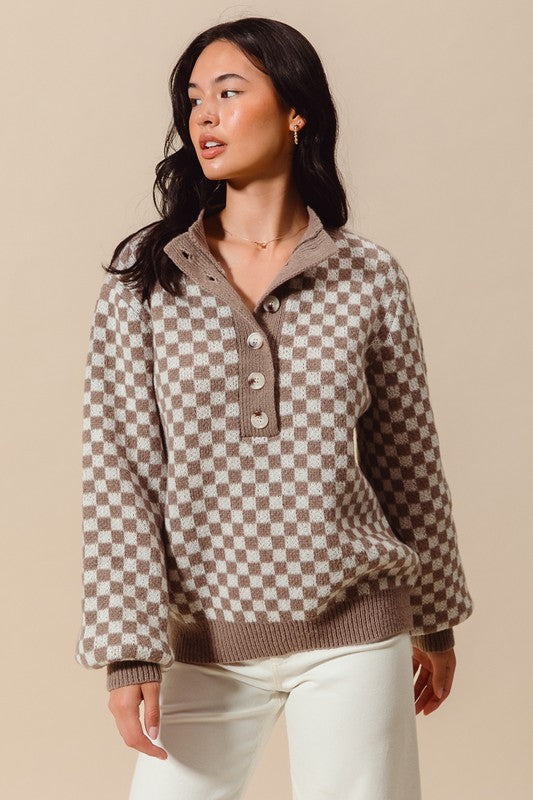 Half Button Checkered Sweater | S