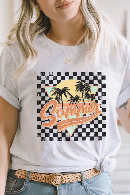 Retro Checkered Palm Tree Summer Graphic Tee | S-XL