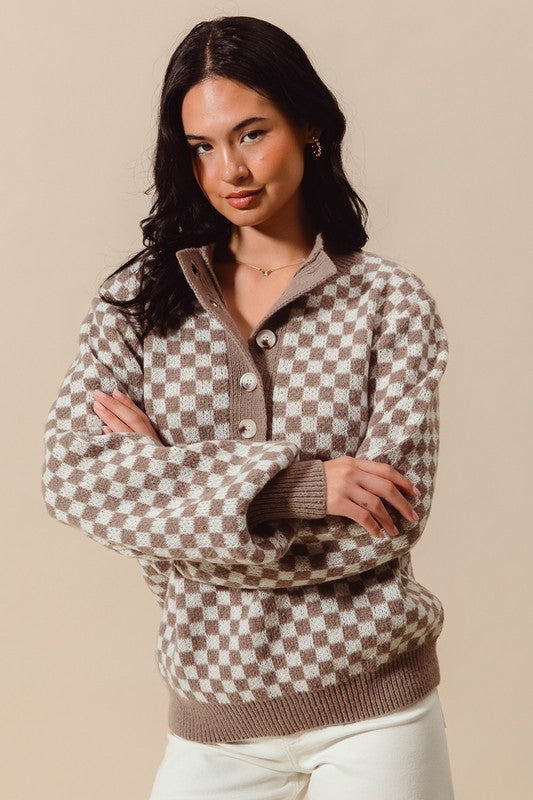 Half Button Checkered Sweater | S