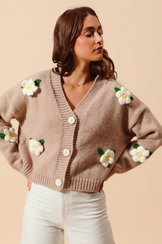 Flower Appliqué Taupe Cardigan | S-XL