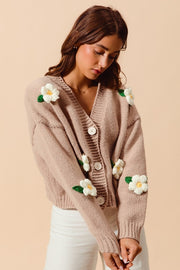 Flower Appliqué Taupe Cardigan | S-XL