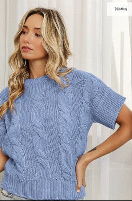 Summer Blue Cable Knit Short Sleeve Sweater | S-XL