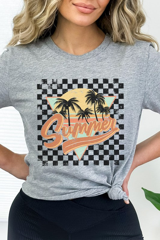 Retro Checkered Palm Tree Summer PLUS Graphic Tee | XXL-XXXL