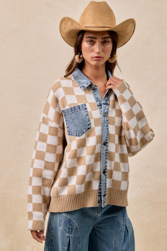Mixed Knit Checkered and Denim Sweater | S-XL