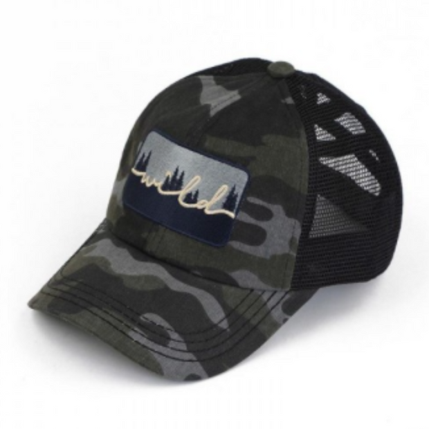 Wild Embroidered Camo C.C® Messy Bun Trucker Hat