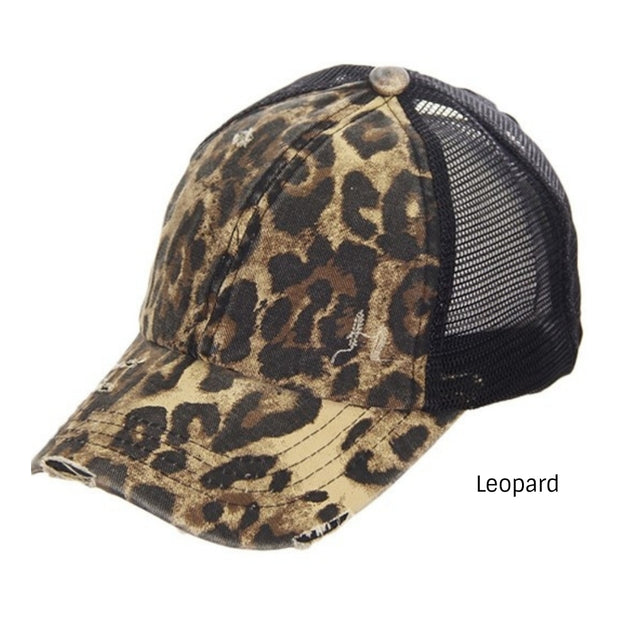 Leopard Print Distressed C.C® Criss-Cross Messy Bun Trucker Hat | 2 PRINTS