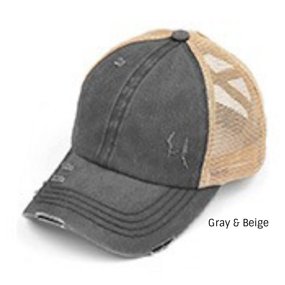 C.C Ponycap Adjustable Mesh Trucker Hat With Ponytail Hole - Grey Baseball Cap For Messy Buns & Outdoor Wear