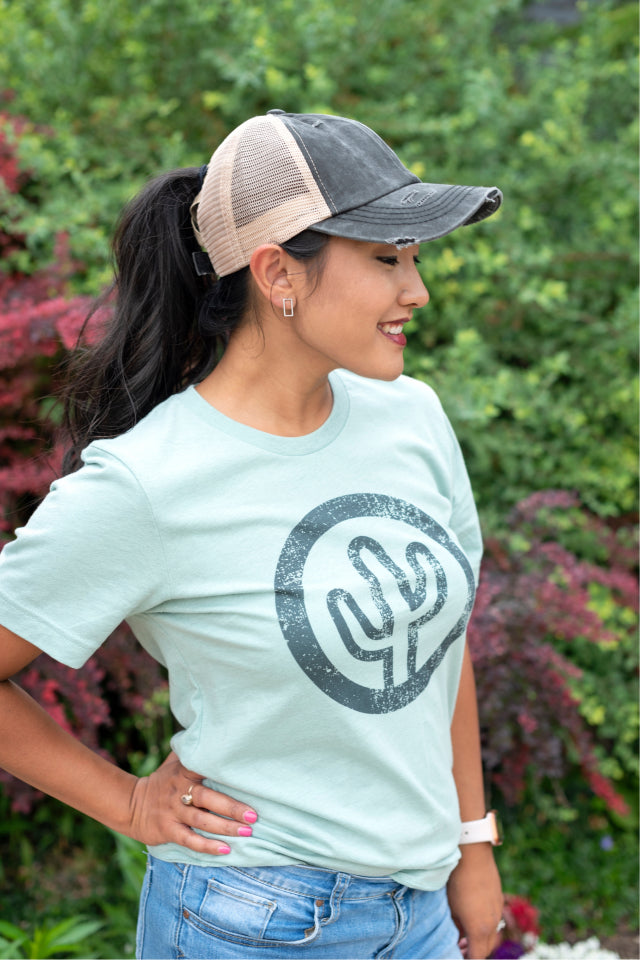 Women's Criss Cross Ponytail Baseball Cap — Adjustable Distressed Trucker Hat, High Bun & Ponytail Friendly - View #5