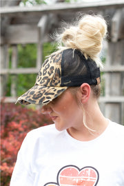 Leopard Print Distressed C.C® Criss-Cross Messy Bun Trucker Hat | 2 PRINTS