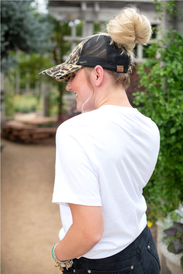 Leopard Print Distressed C.C® Criss-Cross Messy Bun Trucker Hat | 2 PRINTS